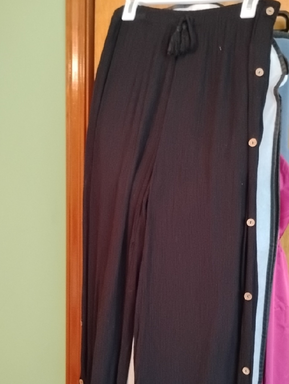Black Wide Leg Button-Trim Drawstring Pants